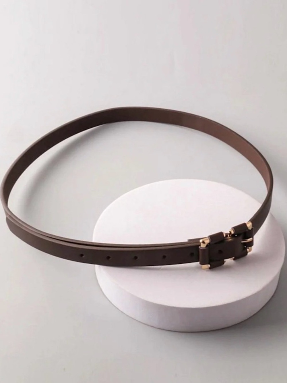 A545 Classic Brown Slim Faux Leather Belt with Gold Double Buckle